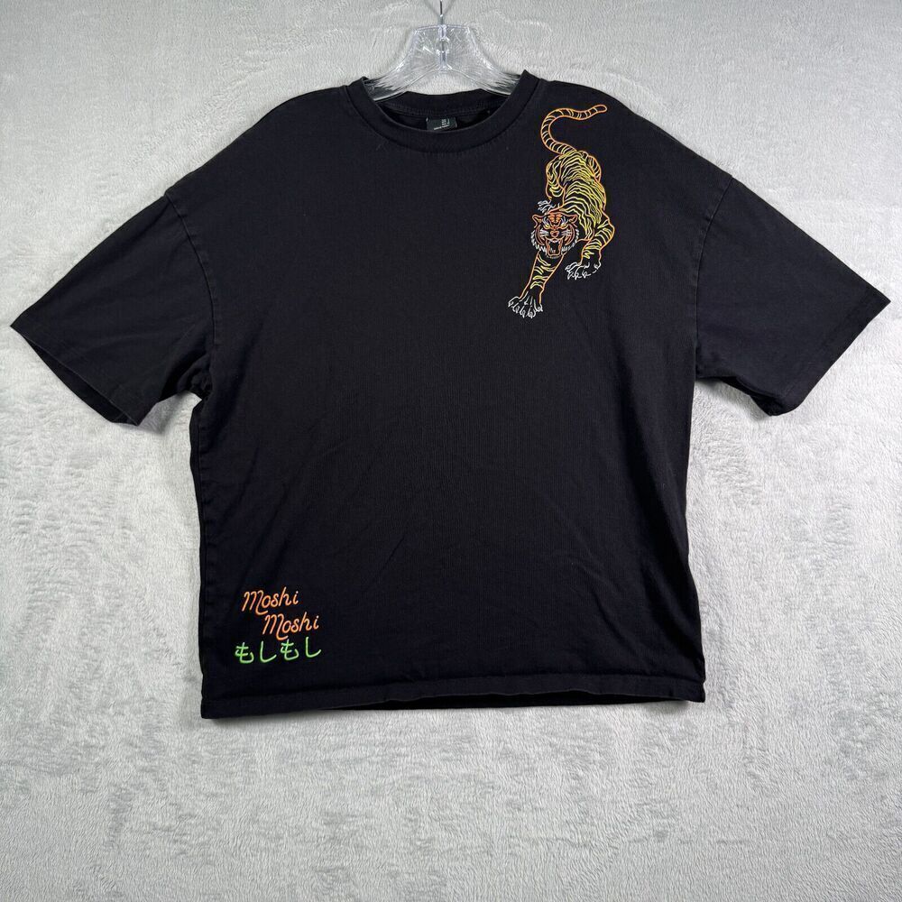 Moshi Moshi Shirt Mens Small Black Graphic Print Ramen Noodle Tiger Koi Fish - Picture 2 of 10